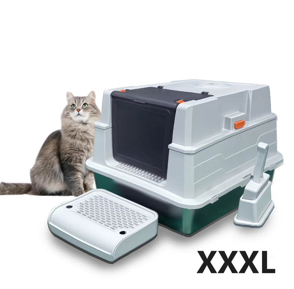 Stainless steel litter box with lid, extra-large enclosed kitty litter pan, equipped with steps and a litter scoop,