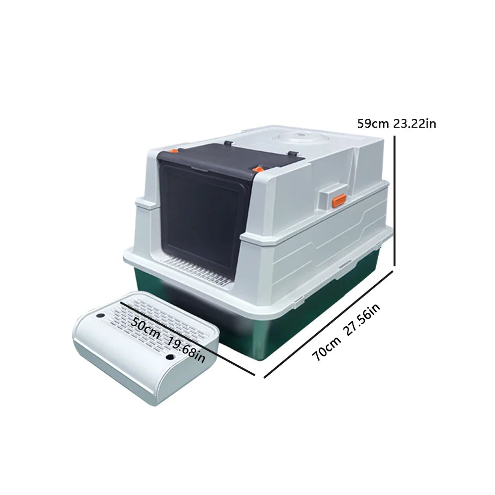 Stainless steel litter box with lid, extra-large enclosed kitty litter pan, equipped with steps and a litter scoop,
